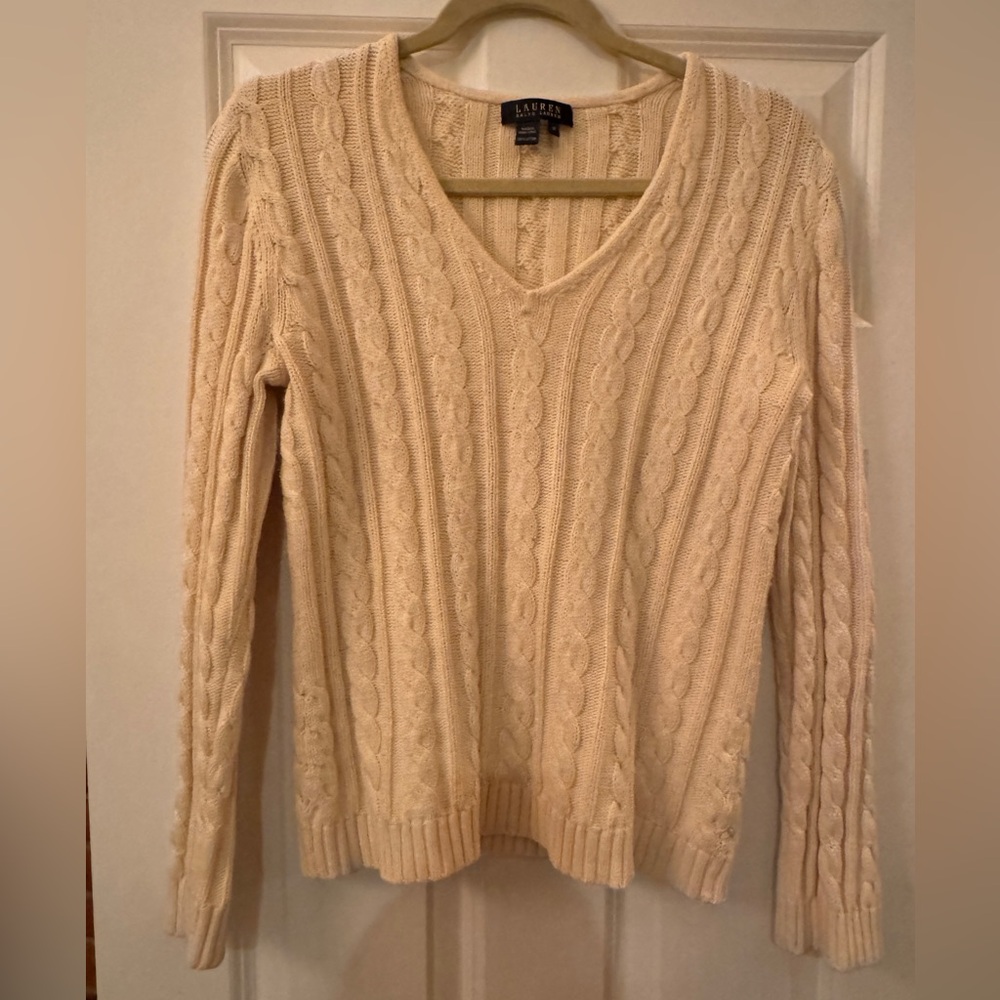 Vintage Ralph Lauren v neck Cream Cable Knit Sweater Medium